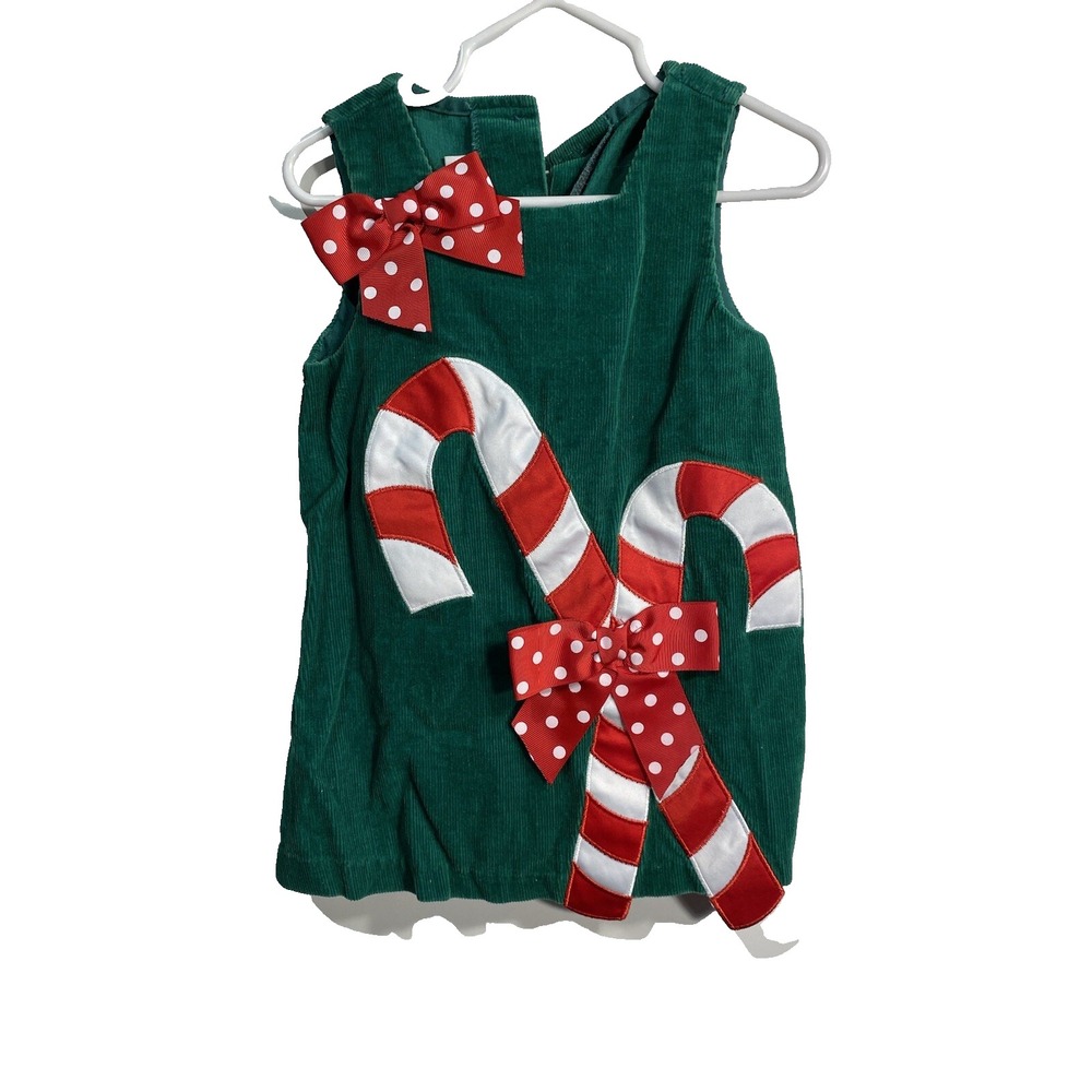 bonnie baby girls green corduroy tank top dress size 18 month candy canes